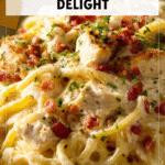 A bowl of creamy chicken bacon ranch pasta topped with herbs for Chicken Bacon Ranch Dinner Ideas. 2